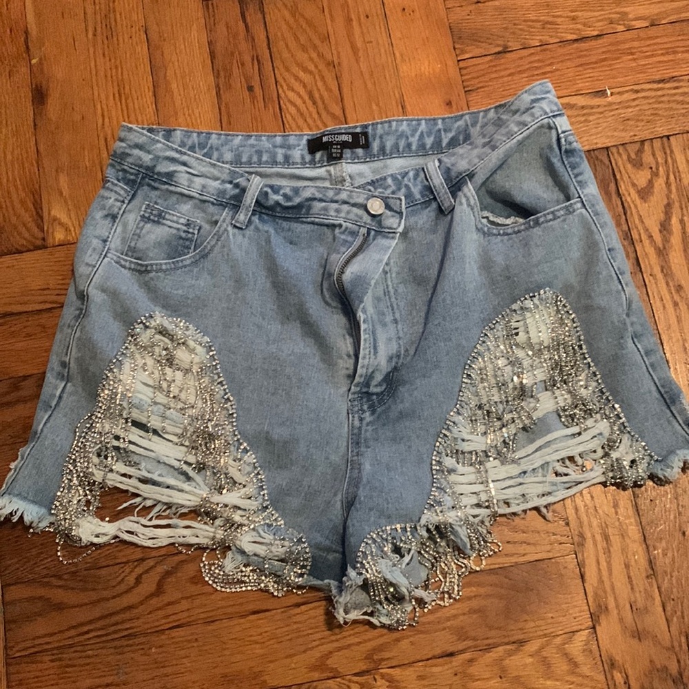 plus size blue riot diamante fringe denim shorts